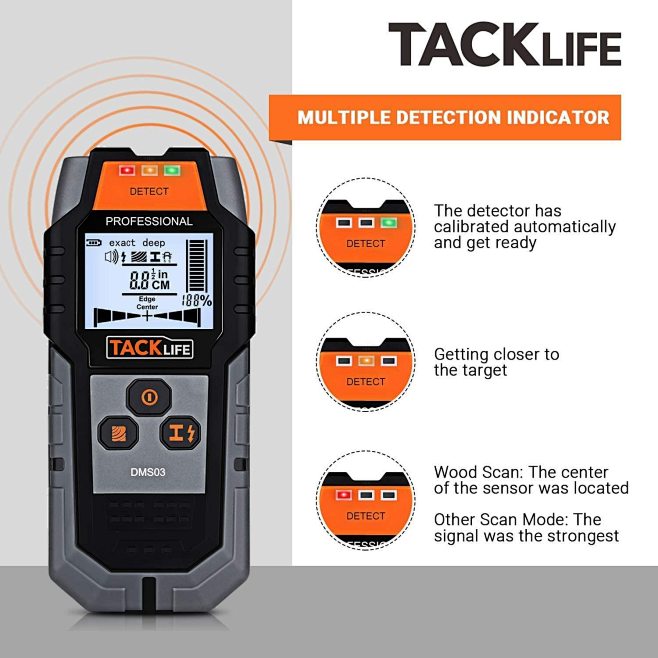 TACKLIFE 螺柱探测器升级墙面扫描仪,4 合 1 中心寻找电子墙壁探测器查找器,带警告的四种扫描模式,适用于木柱