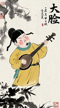 全景,水墨插画,极简主义，唐代男士插画,奏乐!现代人物与古风工笔画结合，画风细腻成熟，独特的“大脸”风格，识别度高，人物讨喜又不失韵味，可爱的Q版唐代风俗画图