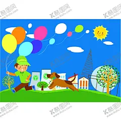 草地儿童画矢量风景画 【酷图网】儿童,插画,水彩,水彩画,渐变,渐层,淡彩,儿童画,童趣,童真,彩旗,气球,绘本,绘画,简笔