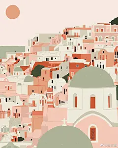 绘本插画超话 充满异国风情的建筑群，用简单的配色处理复杂的层次关系。works by Jess
#插画# #遇见艺术# ​​​​