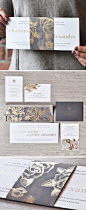 A stunning gold and grey wedding invitation design from Engaging Papers. What do we love most? The floral pattern and belly band!   https://engagingpapers.com/wedding-invitations?product_id=488: 