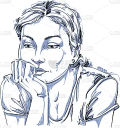 手绘矢量插图美丽浪漫和沉思的女人想一些悲伤的东西。黑白图像，年轻女士脸上的表情。