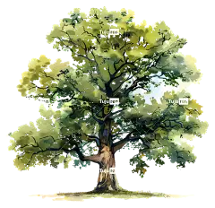 橡树-阳光明媚的绿色田野上的橡树画