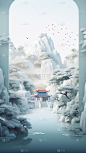 冬季冬天通用插画中国风中式古建筑自然山水积雪场景背景