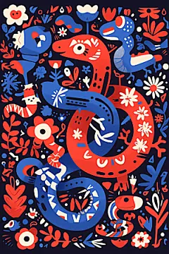 扁平风蛇年涂鸦色块插画