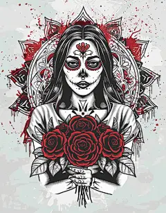 拿着玫瑰的骷髅脸女人