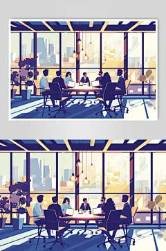 AI数字艺术扁平风企业办公室团队协作场景插画-众图网
