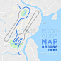 食物指南方向地图旅行与图标概念，道路勺子和叉子形状设计在白天模式插图孤立在灰色背景与复制空间，矢量e