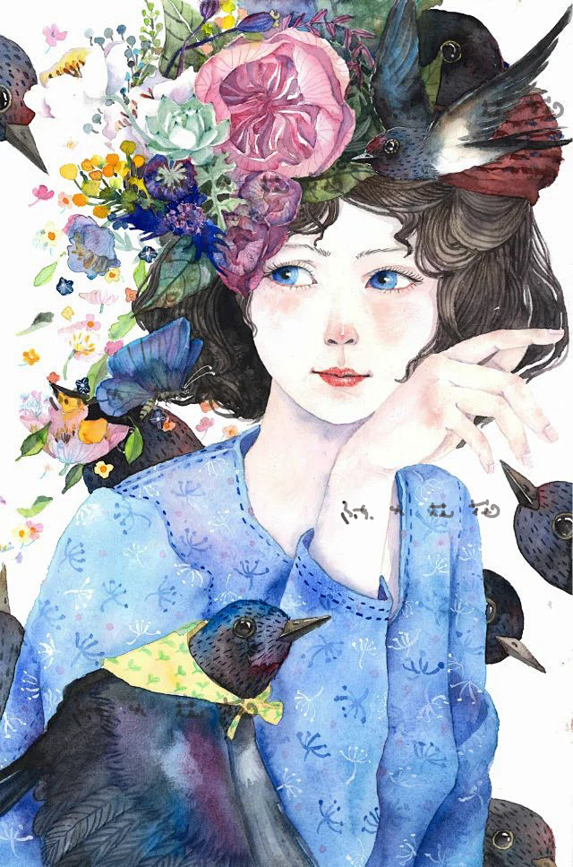 春天水彩人像水彩插画水彩花卉水彩燕子