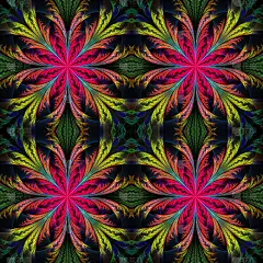 美丽的图案来自分形花朵。粉色和黄色调色板。