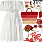 A fashion look from June 2017 featuring off shoulder dress, fringe sandals e red purse. Browse and shop related looks.