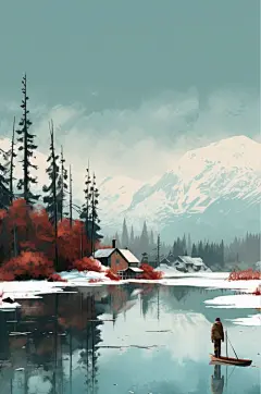 AI数字艺术湖面划船二十四节气大雪插画