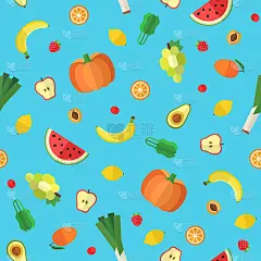 平面蔬菜水果无缝矢量图案。第一部分。