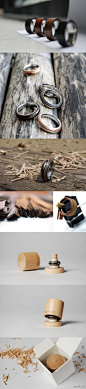 创意工坊：【再生戒指】Moissue公司利用工业生产过程中产生的木质下脚料研发了一款戒指，利用不同木色的排列组合制造出树木年轮和木纹金的效果，仿佛木的生命进入另一段生命。