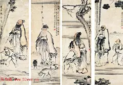 苏六朋——四屏人物画欣赏 小图 |  
苏六朋(1791—1862)，广东顺德人。字枕琴，号怎道人、怎叔、南水村佬、南溪渔隐、浮山樵者、石楼吟叟、南水人、南水渔郎、浮山山人、浮山七十二洞天樵子等。中国清代画家。能书隶草行多种字体;能画山水人物花鸟。宗法赵子昂、唐伯虎、仇十渊、吴伟、黄慎，又亲得罗浮山僧德坤的真传，画技娴熟高超，既能作端秀精细的工笔画，也能作粗毫写意的简笔画。尤善画人物，绘写了不少盲公、卖艺人等市井人物，是广东画坛上独树一帜的画家。