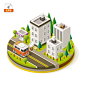 Isometric island city - IsoFlat : Circular island with three dimensional buildings, streets and a van.
