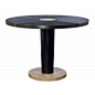 QUINTUS. Dan Dining Table. 48"dia x 30"h. Oak, Stainless, and Inlaid Leather.: 