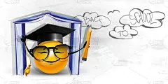 回学校!教授的帽子上有一个欢快的表情符号，旁边有一本书和手绘，背景是中性的。创意海报或横幅。