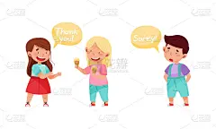 可爱又有礼貌的孩子。可爱的男孩和女孩分享糖果和道歉卡通矢量插图