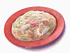 彩绘一盘海鲜炒面