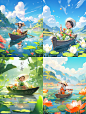 24节日、端午节、夏至，一个非常可爱的小女孩正在划船。在夏天，浅绿色和浅黄色的颜色是明亮和阳光，创造一个愉快和轻松的气氛，五颜六色的花朵，卡通风格，中国风格，山，云，水，广角