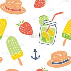 四方连续纹样,夏天,浪漫,船,沙冰,时尚插画,线条画,小册子,草帽,绘制