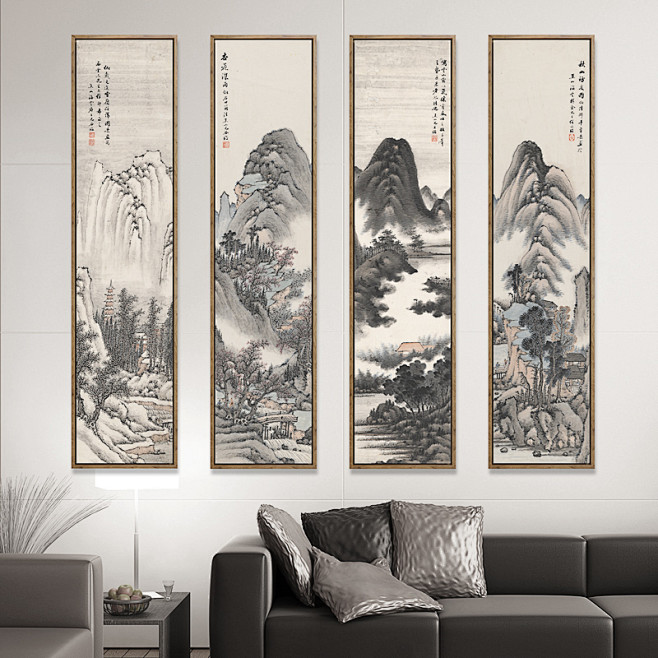 山水新中式四联条屏挂画国画禅风写意水墨画客厅装饰画有框特价淘宝网