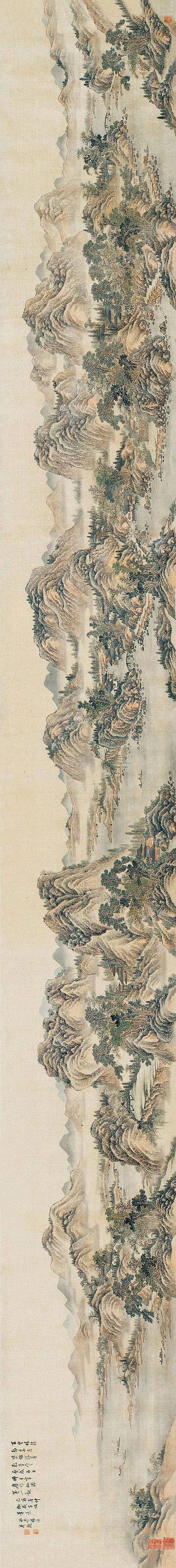 杨晋——《武陵仙源》图卷【百里晴溪静里看，紫烟荡幕数峰寒。画成五日师王室，应作仙源第一观。乙酉春仲仿盛子昭笔意】人物山水 手卷s欣赏 | 清 ...