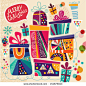 Merry Christmas and Happy New Year card with gift boxes - stock vector
