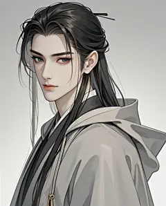 国风插画男子长发披肩垂直连帽长袍