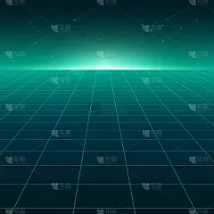抽象透视绿色网格。复古的未来主义霓虹线在黑暗的背景，80年代的设计视角扭曲平面景观交叉霓虹灯和激光束
