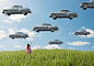 cars in the sky, rene magritte inspired