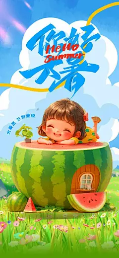 大暑二十四节气蓝色插画唯美宣传海报