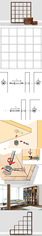 德国Zeitraum公司的这款书架和上次提到的无印良品书架[http://weibo.com/1693846747/zF4mYyeU1R]外观相同，但是结构解决方案完全不同。这个书架仅用两种尺寸的板块就可组装而成，规格选择上很灵活。但这个书架的稳定性要求偏心连接件（也称三合一）有很高的安装精度。