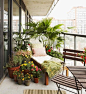 Urban Garden Balcony ~ An abundance of potted plants provides much needed privacy. ~ Homeowner Beth Hitchcock added casual homey charm to her former concrete condo balcony with colourful flowers and fun prints. Plants in various shapes create height, dime