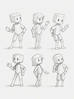 一组六个不同造型的Q版人物动态素描草图，保持简洁流畅的铅笔线条风格，每个角色具有独特的姿势和手部动作，采用几何块状结构表现身体体积感，线条轻重变化自然，关节处有清晰的转折刻画，整体呈现出速写般的灵动与随意感，所有角色规整地排布在纯白色背景上，形成系列素材集合，无任何文字或标识元素。