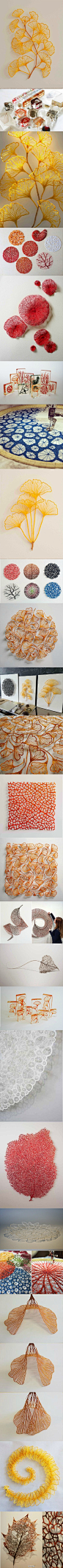 Meredith Woolnough的刺绣作品，表布溶于水后，便显脉络轻盈~特别喜欢她的银杏叶，仿佛闪着迷人的金光~#纹理之美#