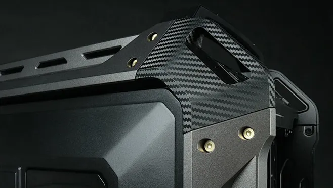 This may contain: the back side of a black and silver computer case ...