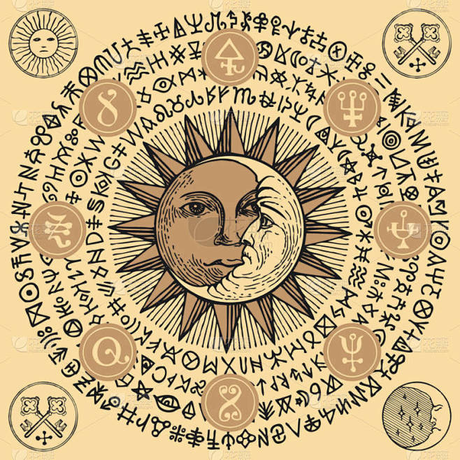 矢量插图与太阳，新月和炼金术符号的复古风格米色背景。手绘横幅，带有神秘的符号和魔咒，围成一个圆圈
