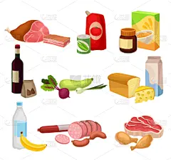 清新,多样,食品杂货,肉,平坦的,饮料,花生酱,蔬菜,胡瓜,布置
