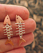 Fish Bones Earrings in Copper and Sterling Silver: 