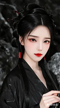 jimeng-2025-07-26-3215-魔族美人，壁纸！玄幻仙侠！妖媚，暗黑系，黑红色色搭配的妆造！繁琐又美丽的发型！