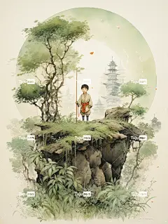 穿着传统服装的年轻人站漩涡状弯曲的书页上蜿蜒穿过竹林海报