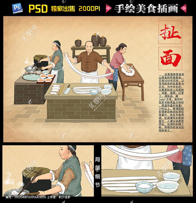 手工面 扯面 面条 面食 拉面 油泼面 香辣面 手擀面 裤带面 餐饮海报 面点广告 面条壁画 美食海报 插画 积少成多