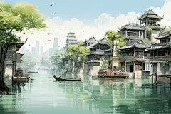 水墨江南风插画绘画图片