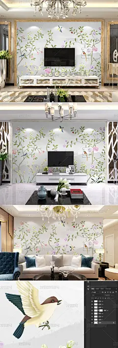 中式手绘花鸟图山水壁画背景墙