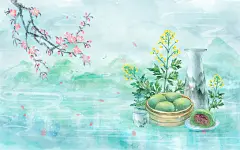 清明清明节春天桃花青团清酒艾叶清明山水国画中国风古风水墨插画海报背景素清明节清明青团清明美食