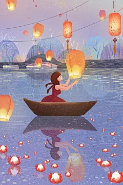 元宵节放孔明灯猜灯谜放河灯少女划船插画