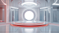 A simple sci-fi style design, high-end futuristic sense. In the middle, there is a circular display stage with technological elements, decorated with white light effects. Geometrical shapes made of glass materials similar to laboratory equipment. Lab styl