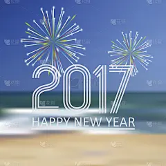 2017年新年快乐在海滩颜色的背景与烟花